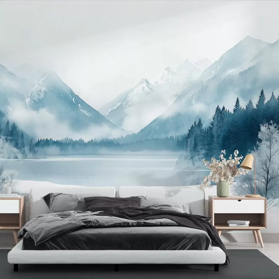 murales de pared Montañas invernales, lago helado, bosque de pinos, paleta de colores azules, estilo acuarela w02354