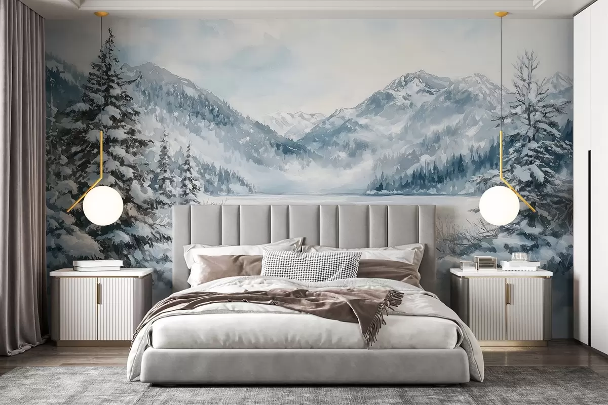 murales de pared Montañas nevadas, estilo acrílico, bosque invernal, naturaleza w02355