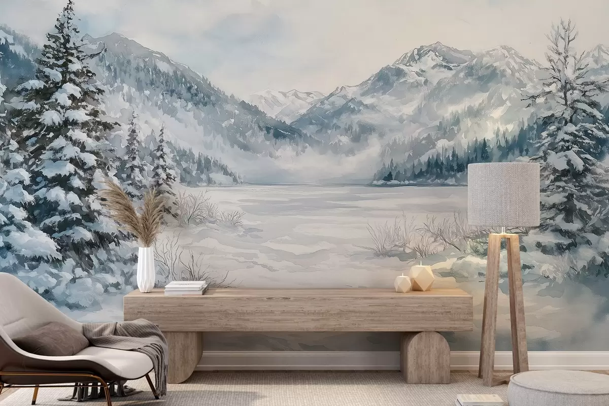 murales de pared Montañas nevadas, estilo acrílico, bosque invernal, naturaleza w02355