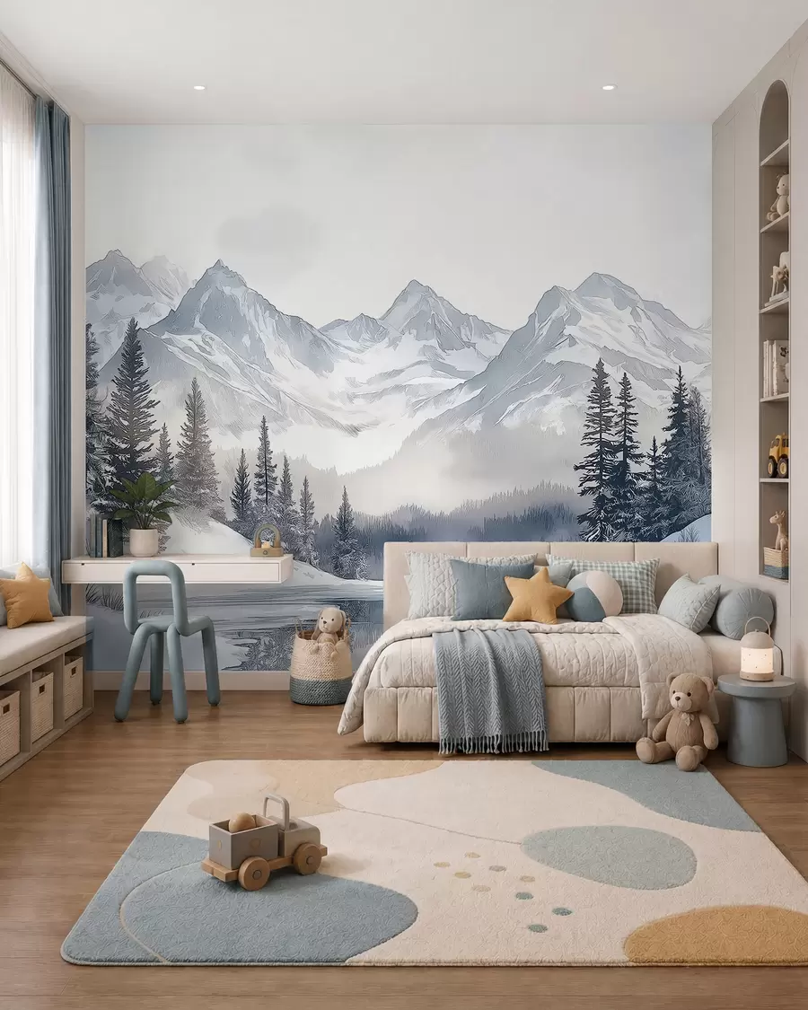 murales de pared Cumbres nevadas tras el lago w02357