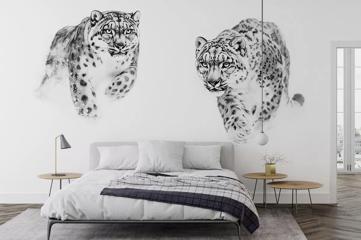 murales de pared Leopardos de las nieves, invierno, animales salvajes, dibujo a lápiz, minimalismo w02359
