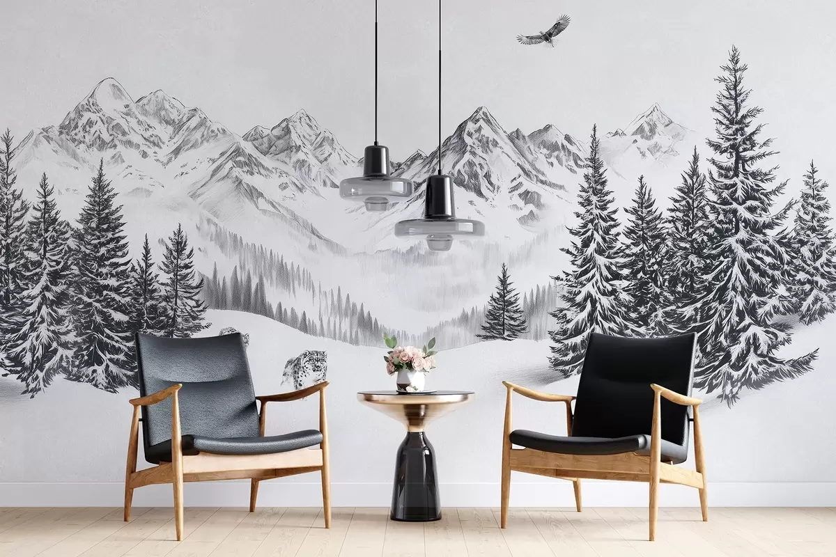 murales de pared Montañas invernales, leopardos de las nieves, bosque de pinos, dibujo a lápiz, águila volando w02360