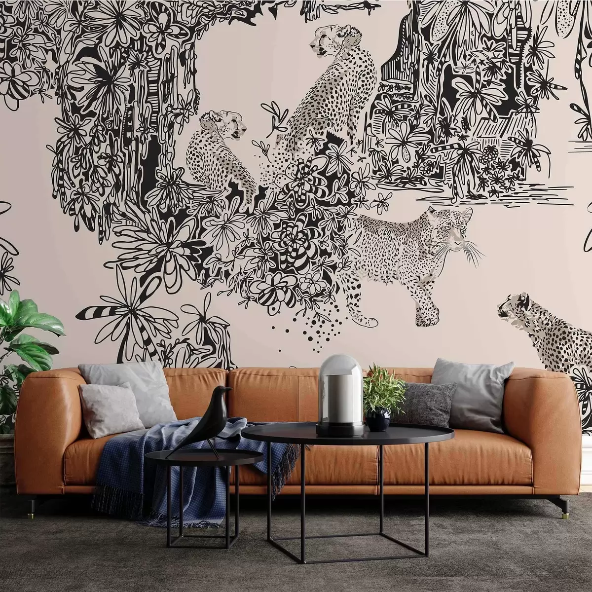 murales de pared Leopardo y árboles en tonos beige w02364