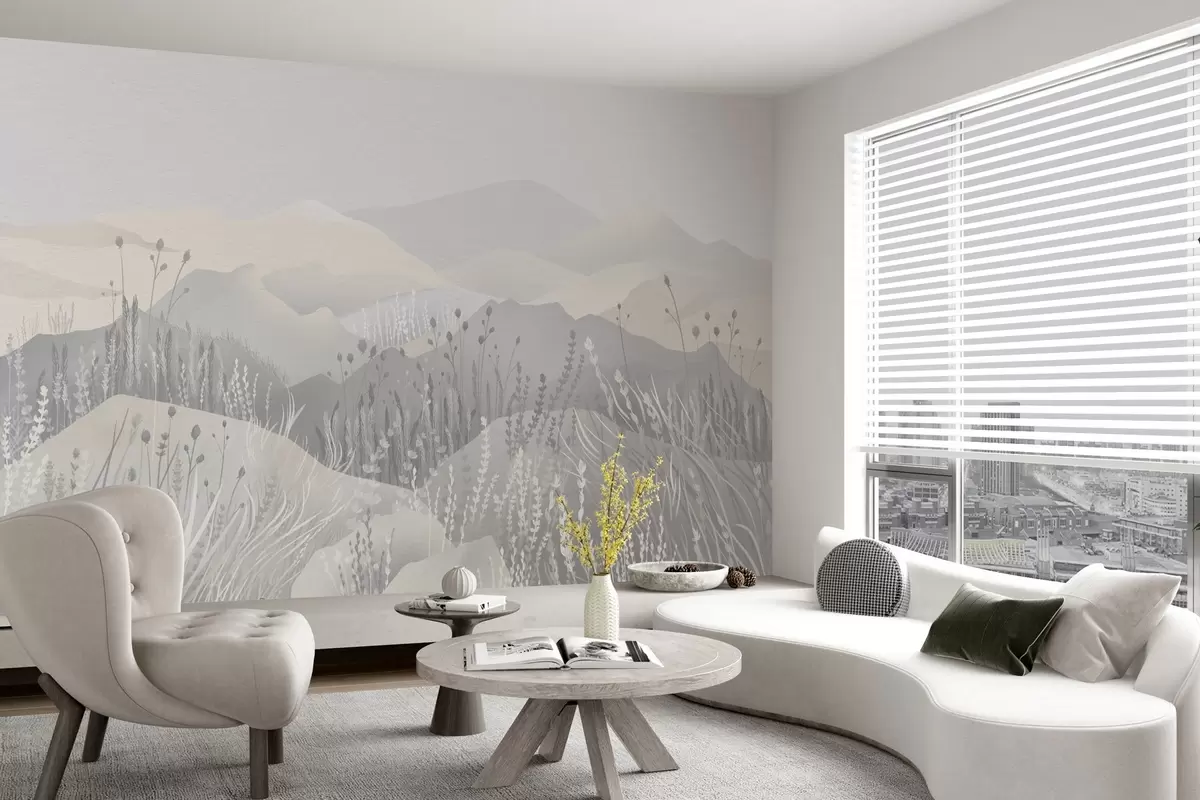 murales de pared Montañas brumosas y hierbas y flores silvestres w02317