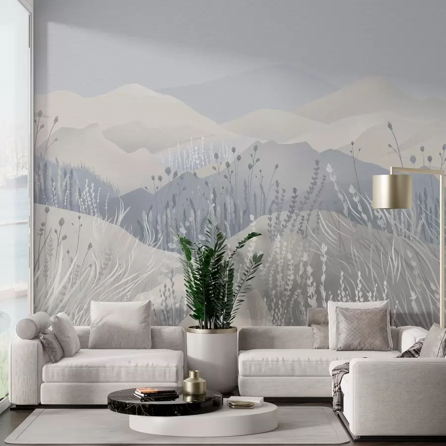 murales de pared Montañas neblinosas y campos de hierba y flores en tonos azules w02317v1