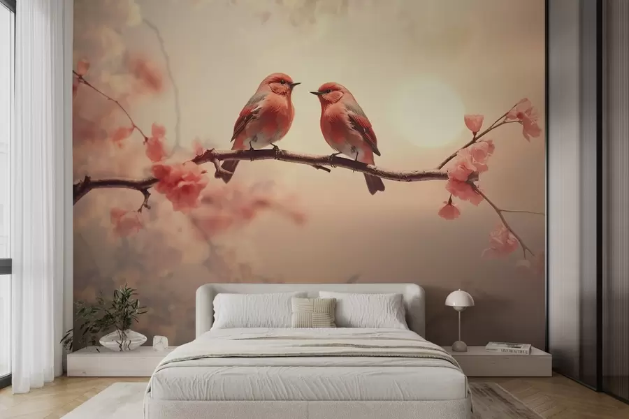 murales de pared Una escena serena y romántica con dos pajaritos sentados en una delicada rama decorada con flores de color rosa pálido.  w02343