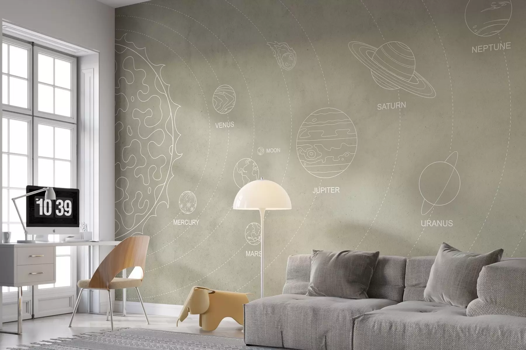 murales de pared Sistema solar de estilo minimalista sobre un fondo de textura beige w02344