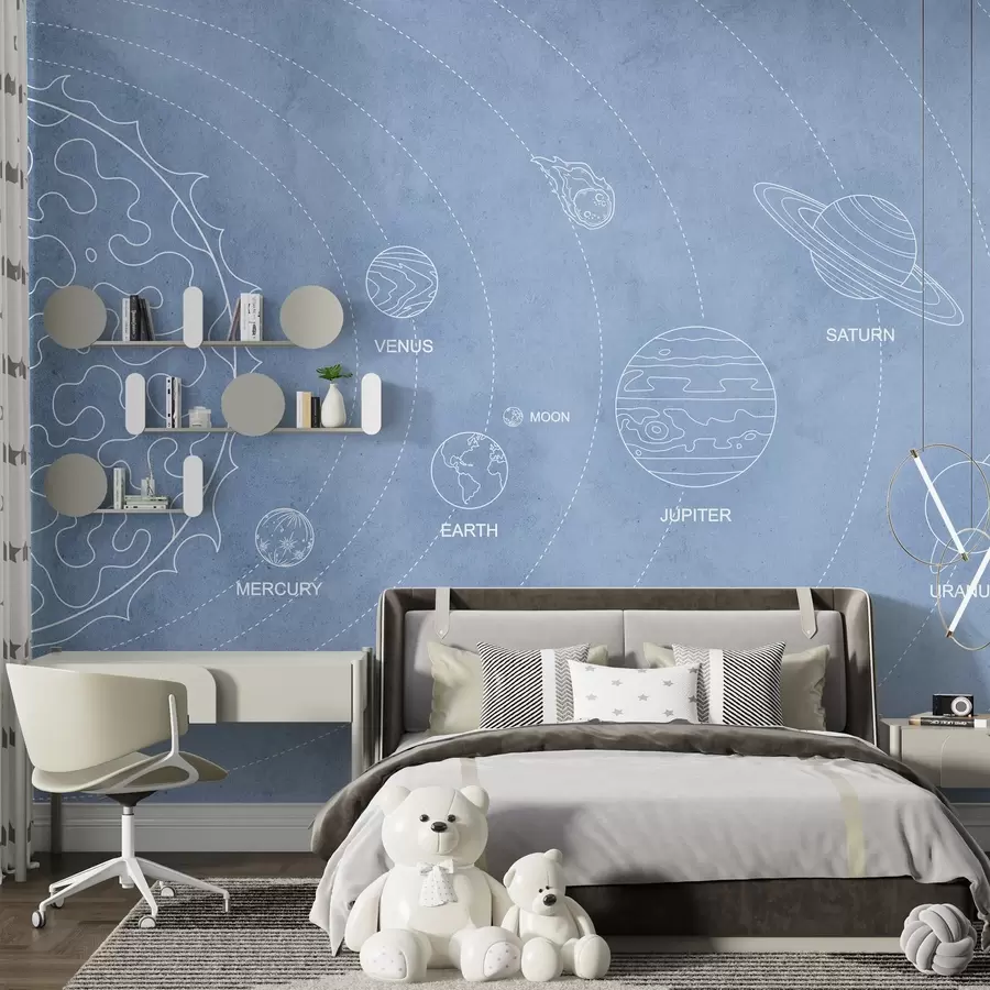 murales de pared Sistema solar en estilo minimalista sobre fondo azul texturado w02344v1