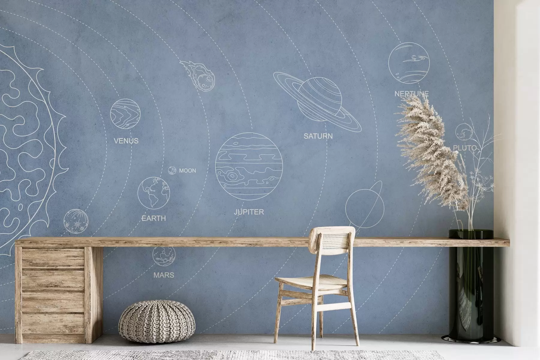 murales de pared Sistema solar en estilo minimalista sobre fondo azul texturado w02344v1