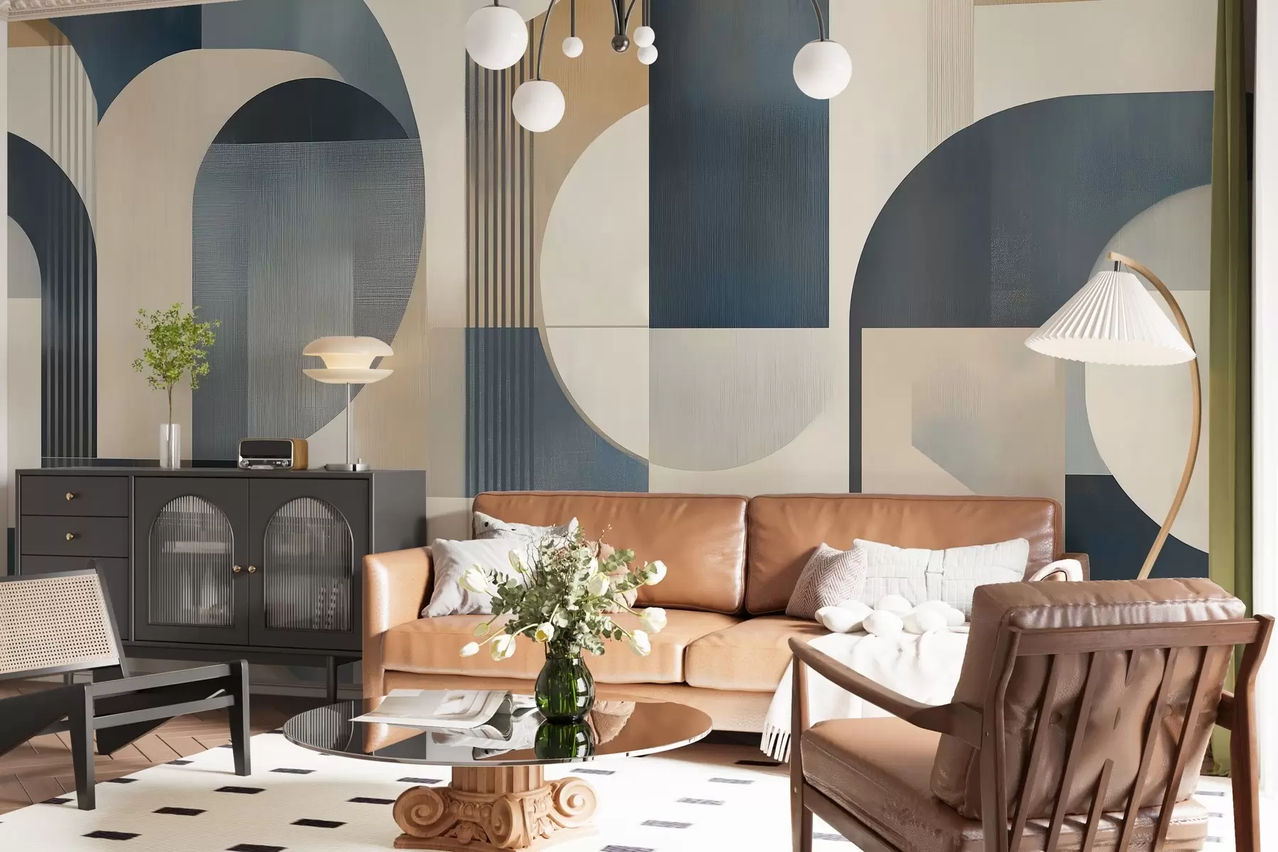 murales de pared Papel pintado Art Déco con motivos geométricos en tonos azules, beige y lechosos w02346