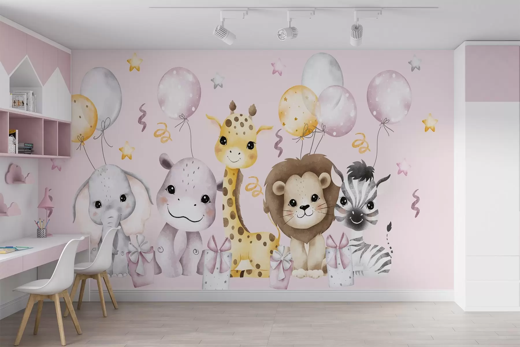 murales de pared Animales de safari con globos hinchables sobre fondo rosa w02384