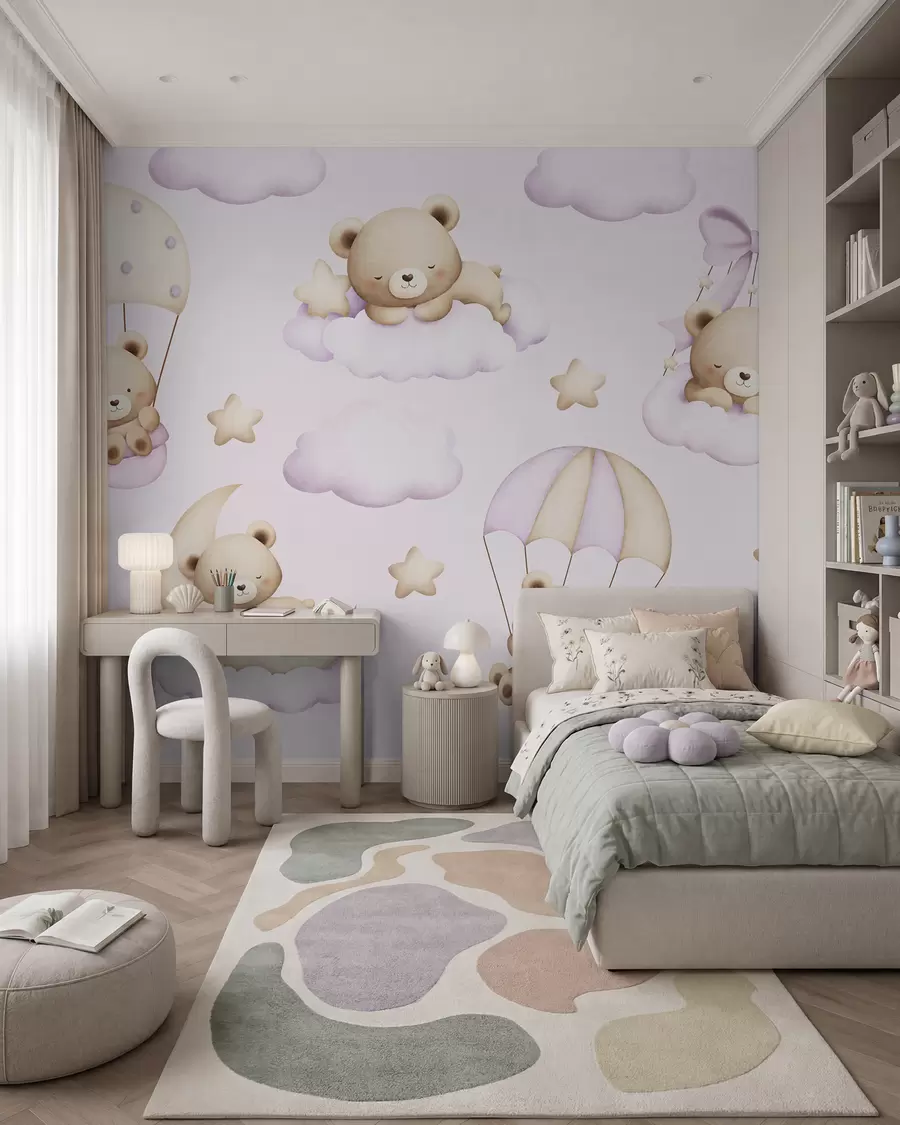 murales de pared Osos en paracaídas y nubes sobre fondo rosa w02385v1