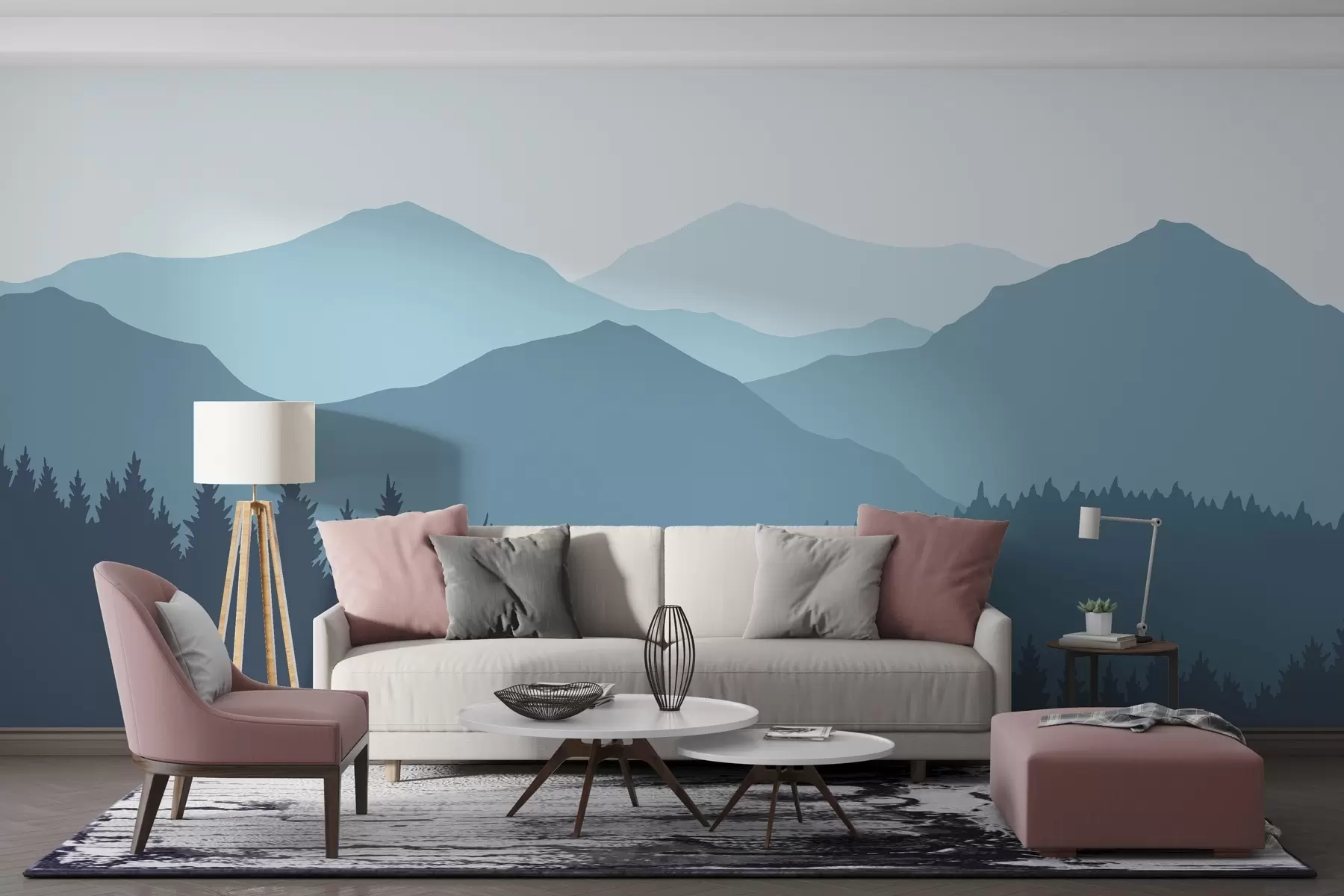 murales de pared Siluetas de montañas en tonos azules w02387