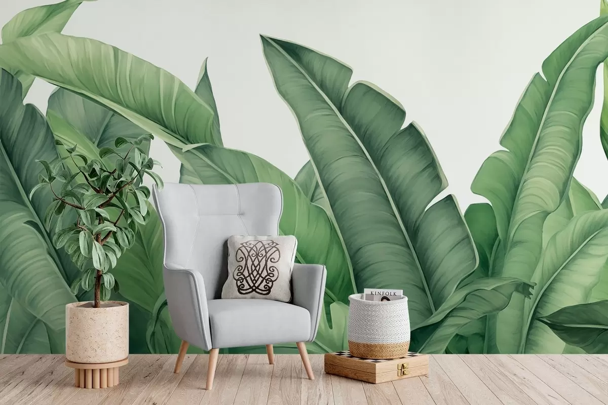 murales de pared Gruesas hojas de plátano sobre fondo claro w02302