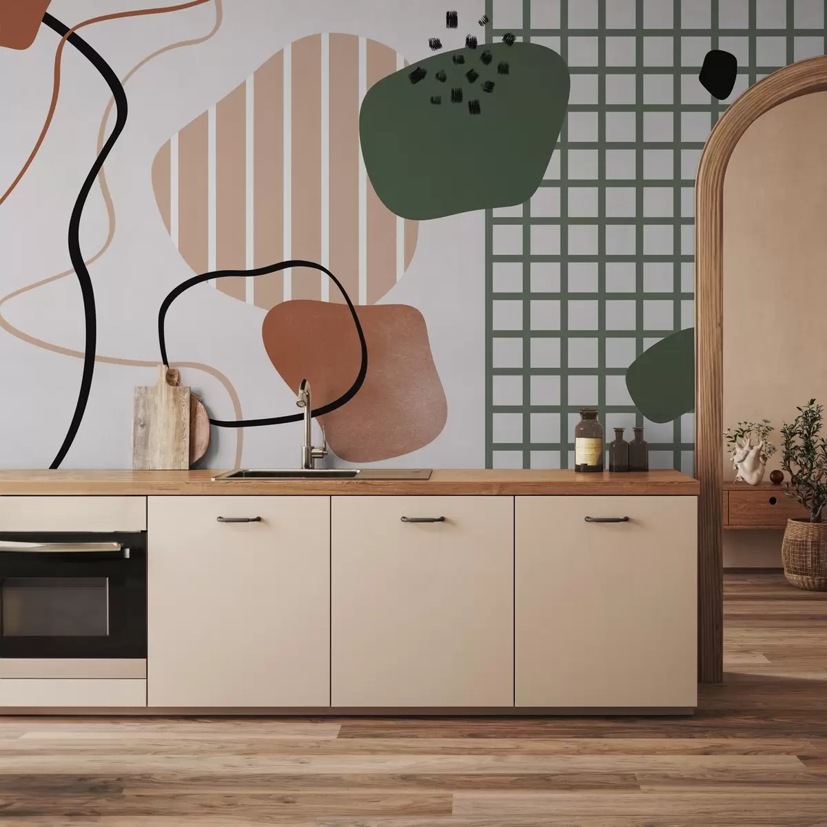 murales de pared Cuadrícula verde y manchas y rayas abstractas w02379