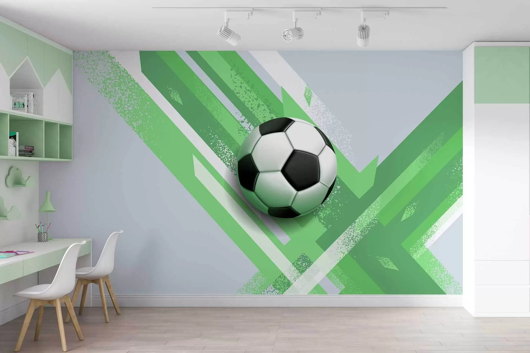 murales de pared balón de fútbol sobre fondo abstracto dinámico en colores verdes w02347v1