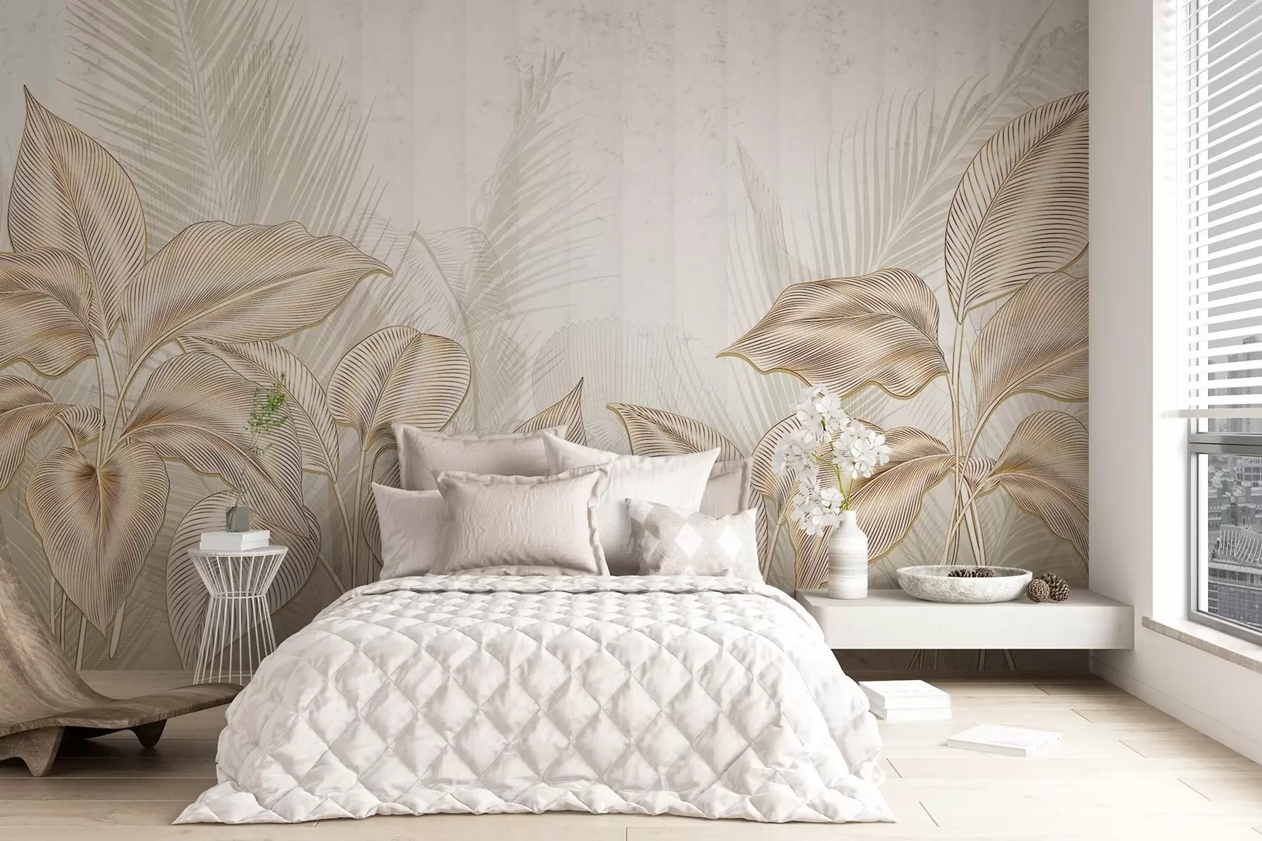 murales de pared Elegantes hojas de palmera blancas y beige sobre un fondo claro y texturizado w08434