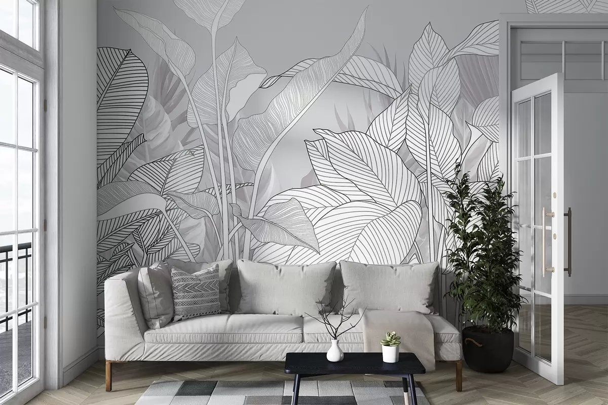 murales de pared Ilustración monocroma de grandes hojas y follaje estilizados con intrincadas líneas y texturas w08436