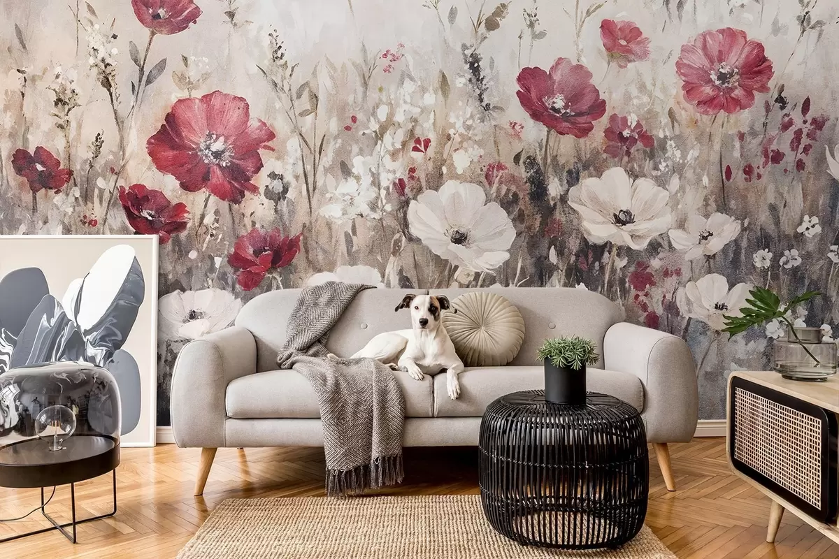 murales de pared Un campo de vibrantes flores rojas y blancas sobre un fondo suave y brumoso en estilo de pintura al óleo w08438