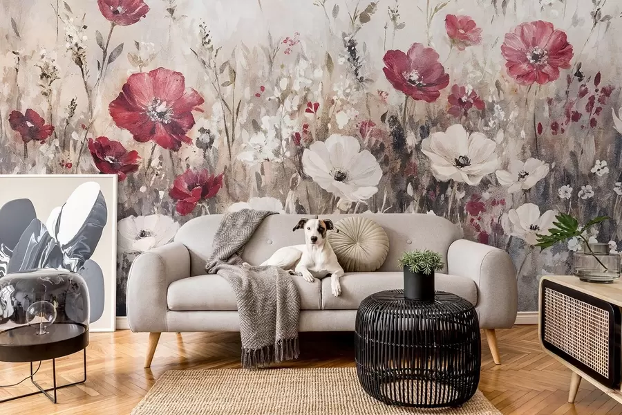 murales de pared Un campo de vibrantes flores rojas y blancas sobre un fondo suave y brumoso en estilo de pintura al óleo w08438