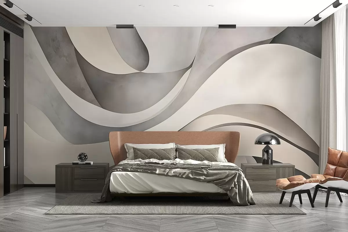 murales de pared Formas curvas en blanco, beige y gris, creando un estampado minimalista, moderno y abstracto  w08439