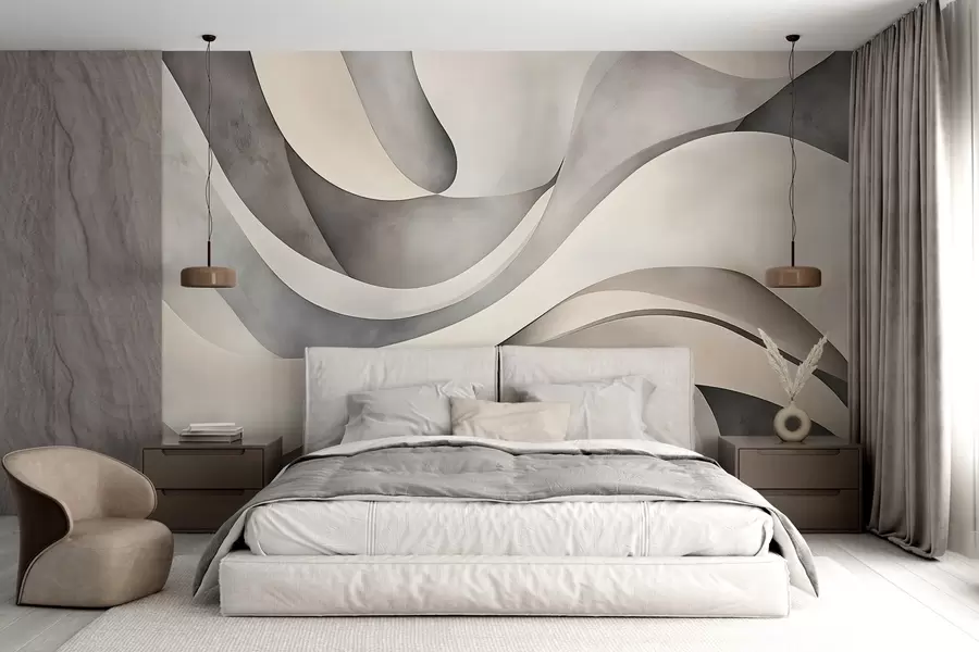 murales de pared Formas curvas en blanco, beige y gris, creando un estampado minimalista, moderno y abstracto  w08439