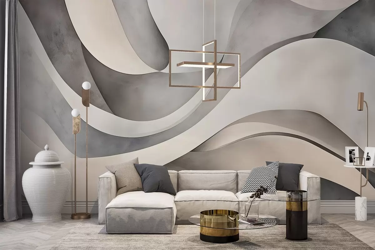 murales de pared Formas curvas en blanco, beige y gris, creando un estampado minimalista, moderno y abstracto  w08439
