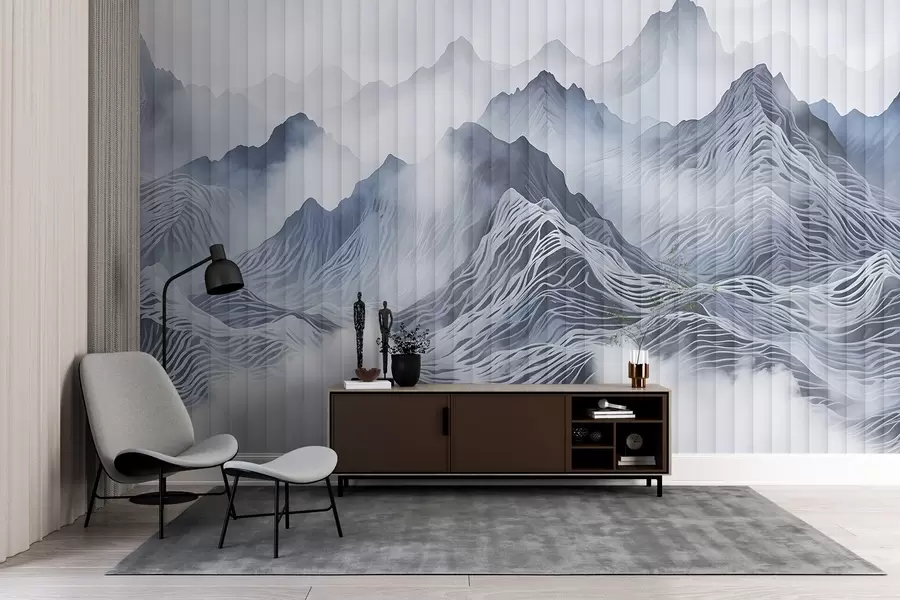 murales de pared Paisaje montañoso abstracto y brumoso con colinas onduladas y picos en tonos grises y blancos w08440