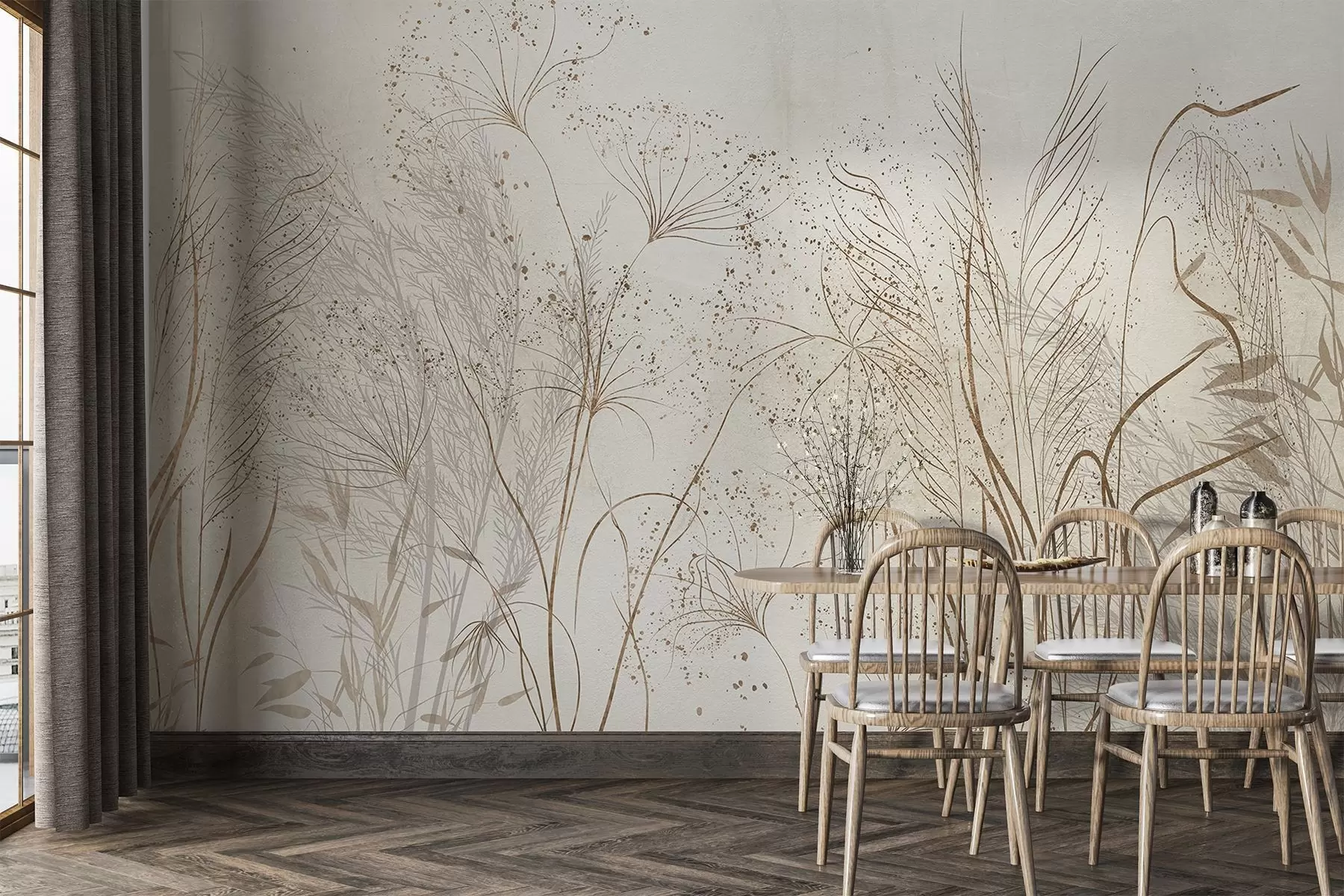 murales de pared Ilustración monocroma de varias plantas y espiguillas de color beige con líneas y texturas delicadas y tenues  w08441