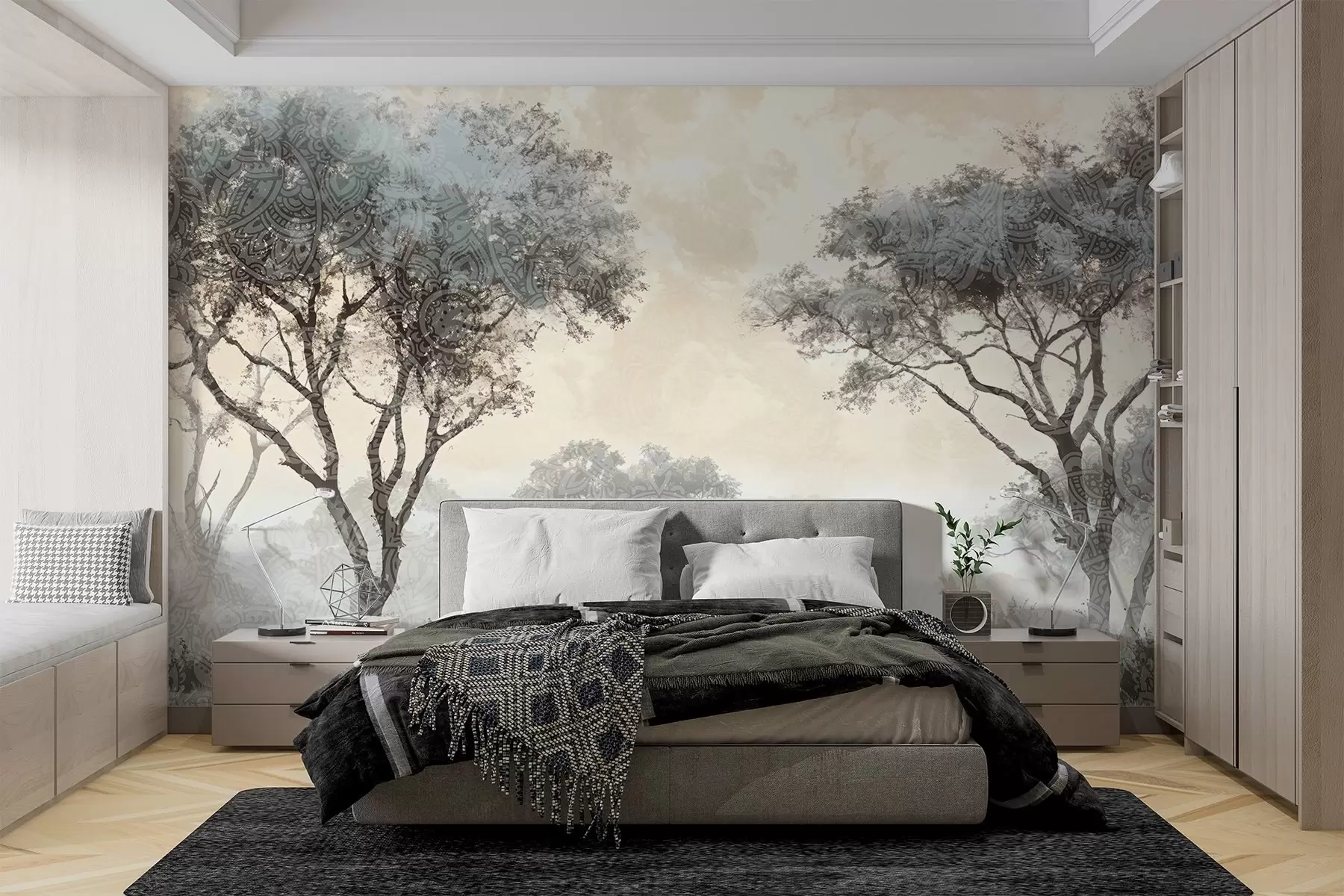 murales de pared Un paisaje brumoso y sereno con árboles silueteados en primer plano y una suave niebla en tonos grises y beige w08442v1