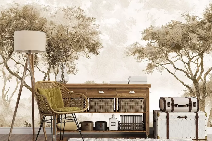 murales de pared Un paisaje brumoso y sereno con árboles silueteados en primer plano y una suave niebla en tonos marrones y beige w08442v2