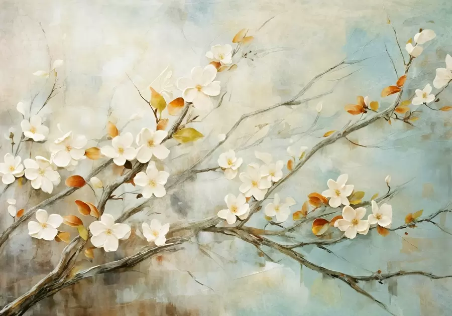 murales de pared Flores blancas de cerezo en ramas sobre un fondo azul y verde suave en estilo de pintura al óleo w08444