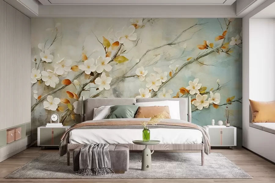 murales de pared Flores blancas de cerezo en ramas sobre un fondo azul y verde suave en estilo de pintura al óleo w08444