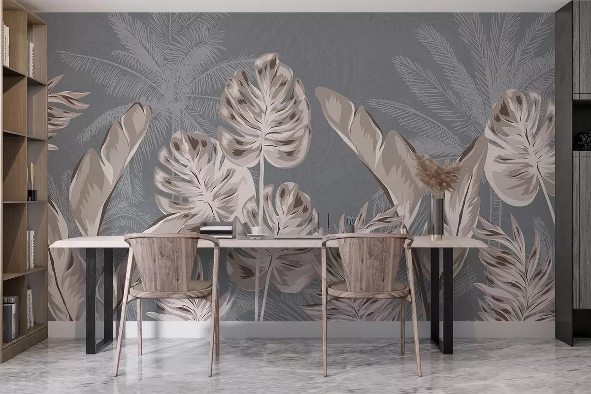 murales de pared Grandes y delicadas hojas de color beige sobre un fondo gris apagado, que crean una atmósfera serena y etérea w08449
