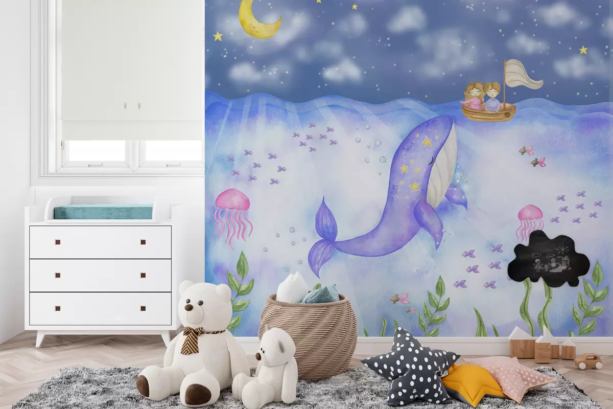 murales de pared Ballena en el mar y niños en un barco en estilo acuarela w01965