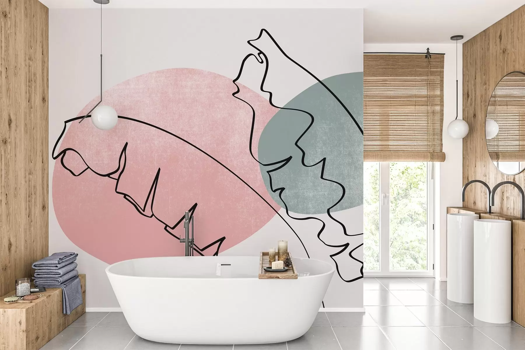 murales de pared Hojas de palma de plátano dibujo lineal en rosa y verde textura mancha w02423