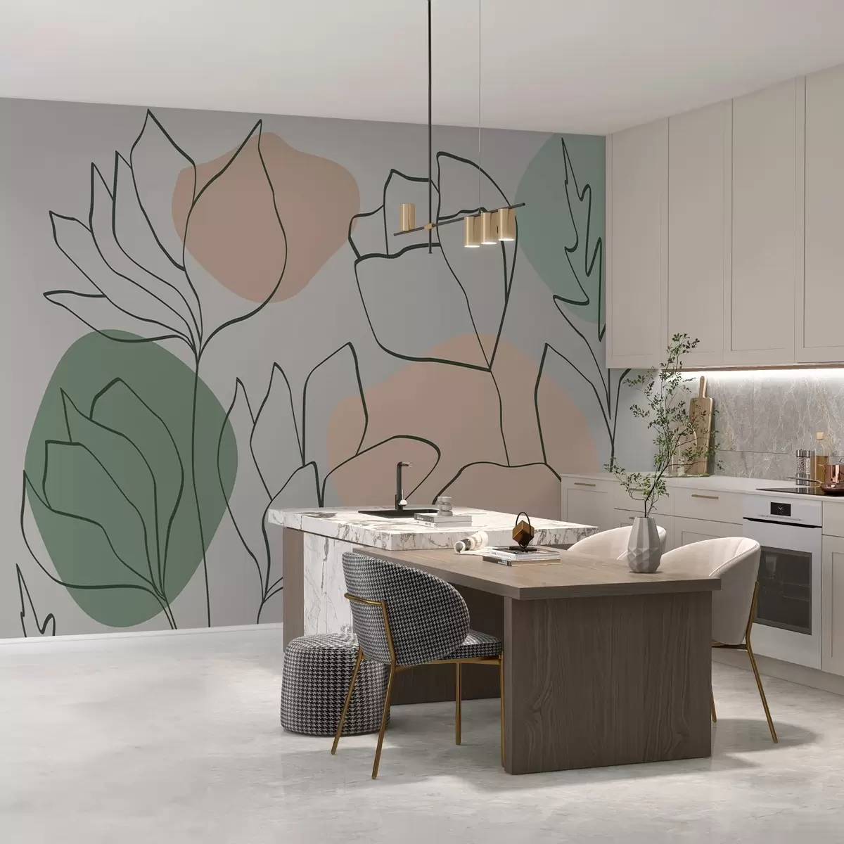 murales de pared Patrón vegetal con líneas sobre manchas w02425