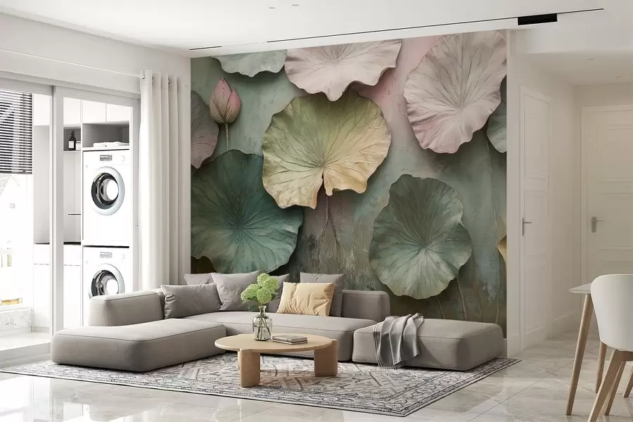 murales de pared hojas de loto en estilo pastel con efecto volumen w02441