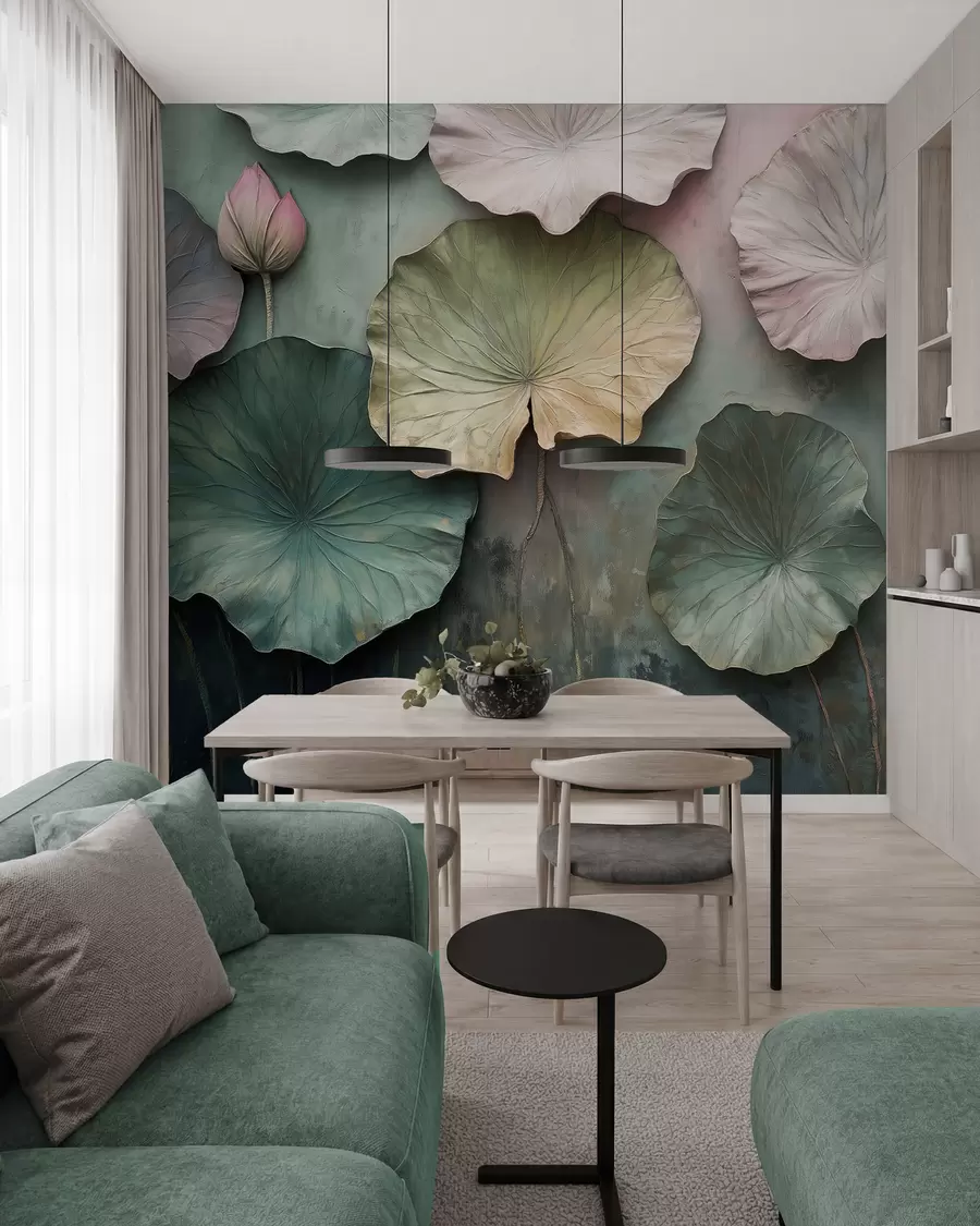 murales de pared hojas de loto en estilo pastel con efecto volumen w02441