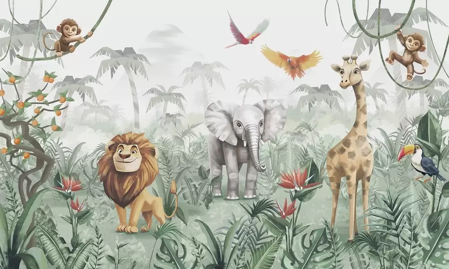 murales de pared Diseño infantil selvático con león, jirafa, elefante y loros w02440