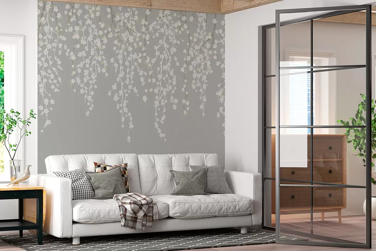 murales de pared Ramas delicadas con flores sobre fondo gris w02479v1