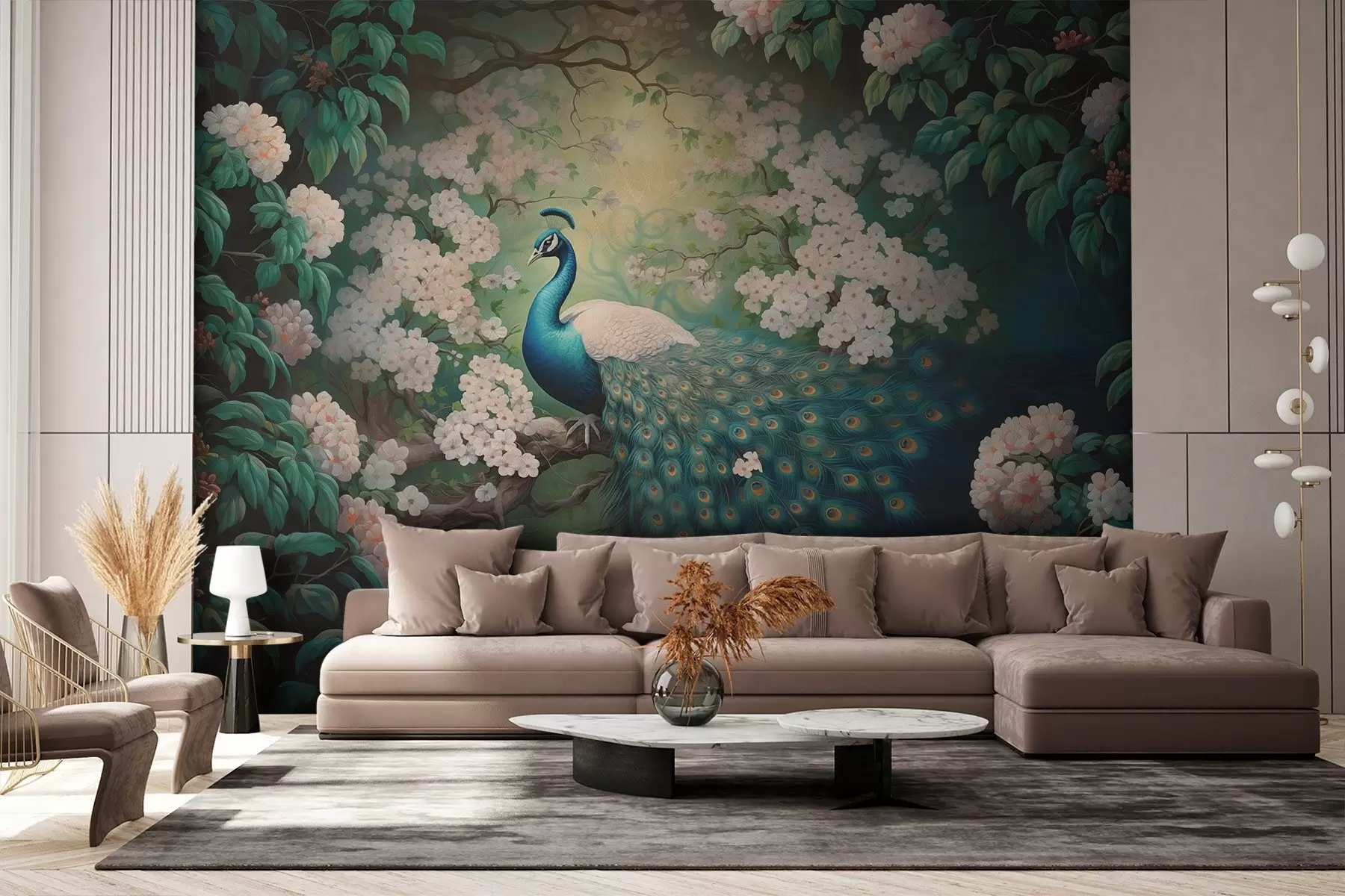 murales de pared Hermoso pavo real en ramas entre pequeñas flores w08475