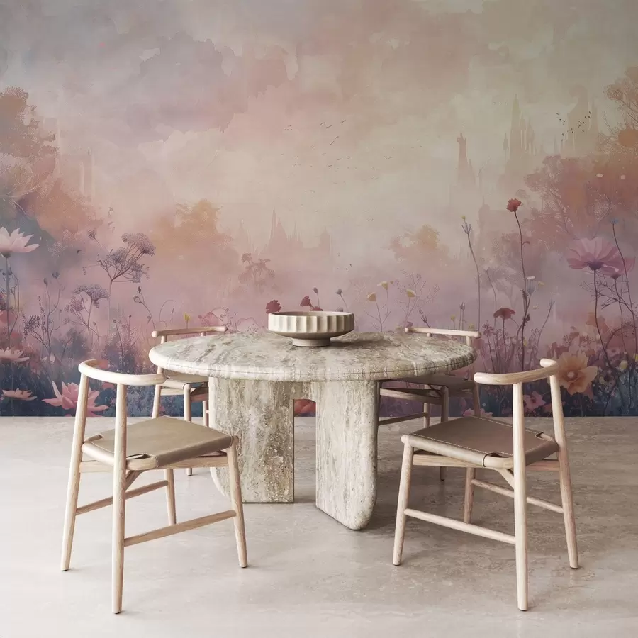 murales de pared Flores silvestres sobre fondo de silueta de castillo w08478