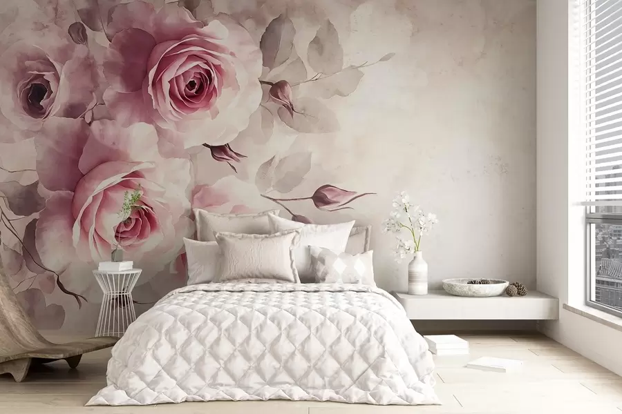 murales de pared Delicadas rosas y hojas rosa pastel con fondo suave y difuminado imitación acuarela w08459