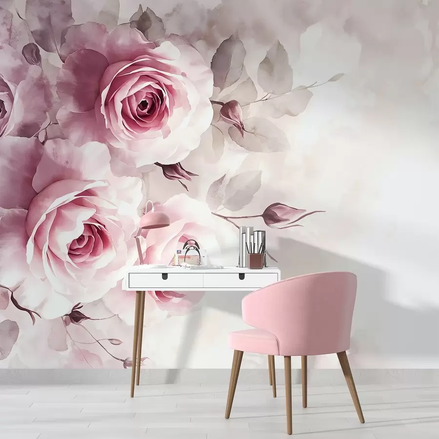 murales de pared Delicadas rosas y hojas rosa pastel con fondo suave y difuminado imitación acuarela w08459