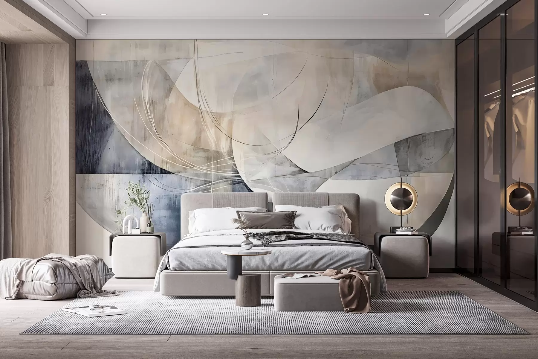 murales de pared Formas abstractas en tonos blancos, grises, beige y azules sobre un fondo de textura difuminada w08461