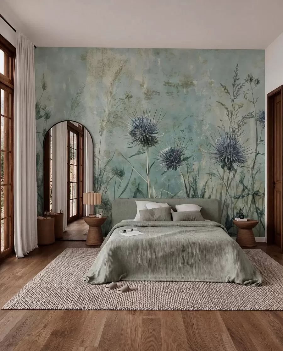 murales de pared Un campo de flores de cardo púrpura con flores borrosas y follaje en el fondo de textura vintage w08463