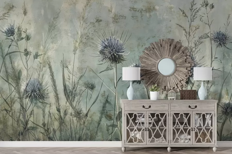 murales de pared Un campo de flores de cardo púrpura con flores borrosas y follaje en el fondo de textura vintage w08463