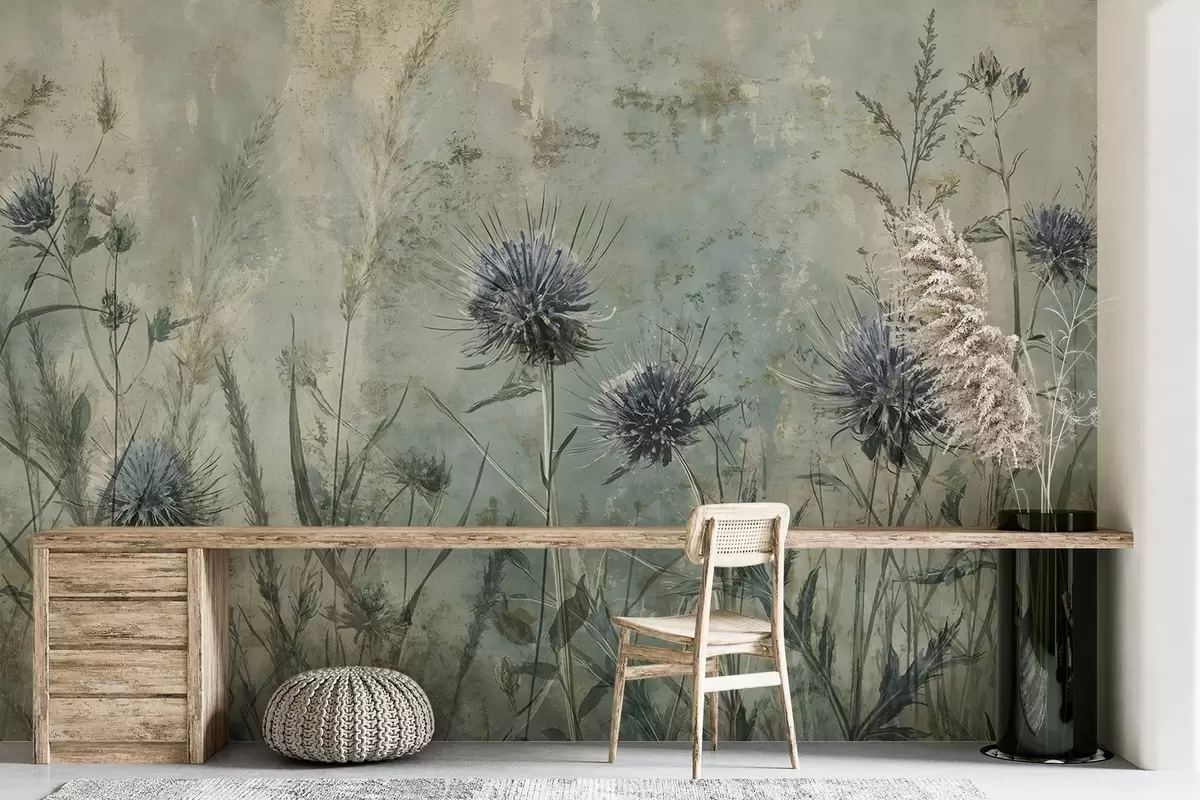 murales de pared Un campo de flores de cardo púrpura con flores borrosas y follaje en el fondo de textura vintage w08463