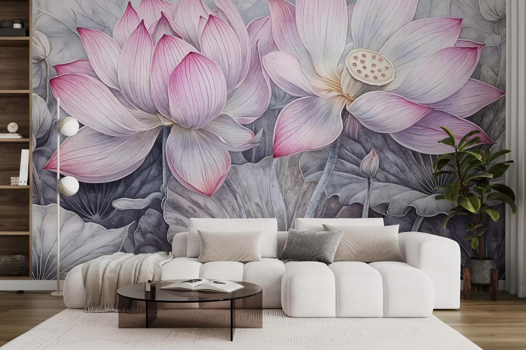 murales de pared Varias flores de loto rosas grandes con textura detallada y hojas y tallos de color verde grisáceo sobre un fondo claro w08465